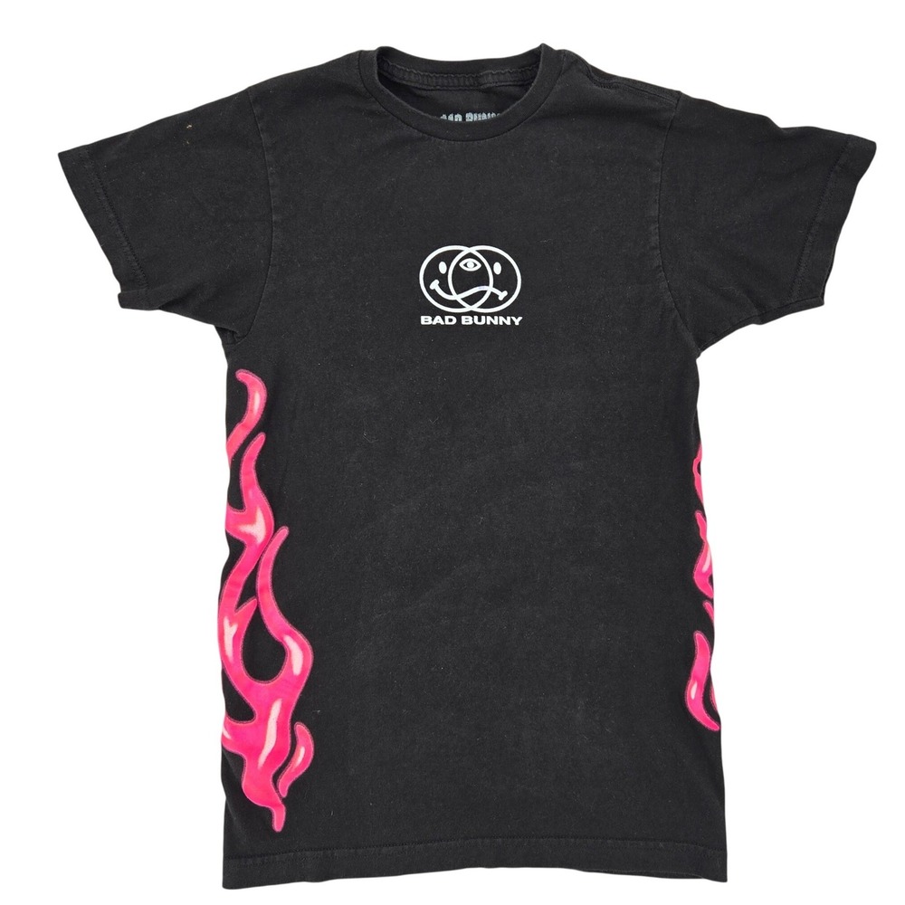 Bad Bunny XS T-Shirt Black with Pink Flames Graphic Streetwear Tee